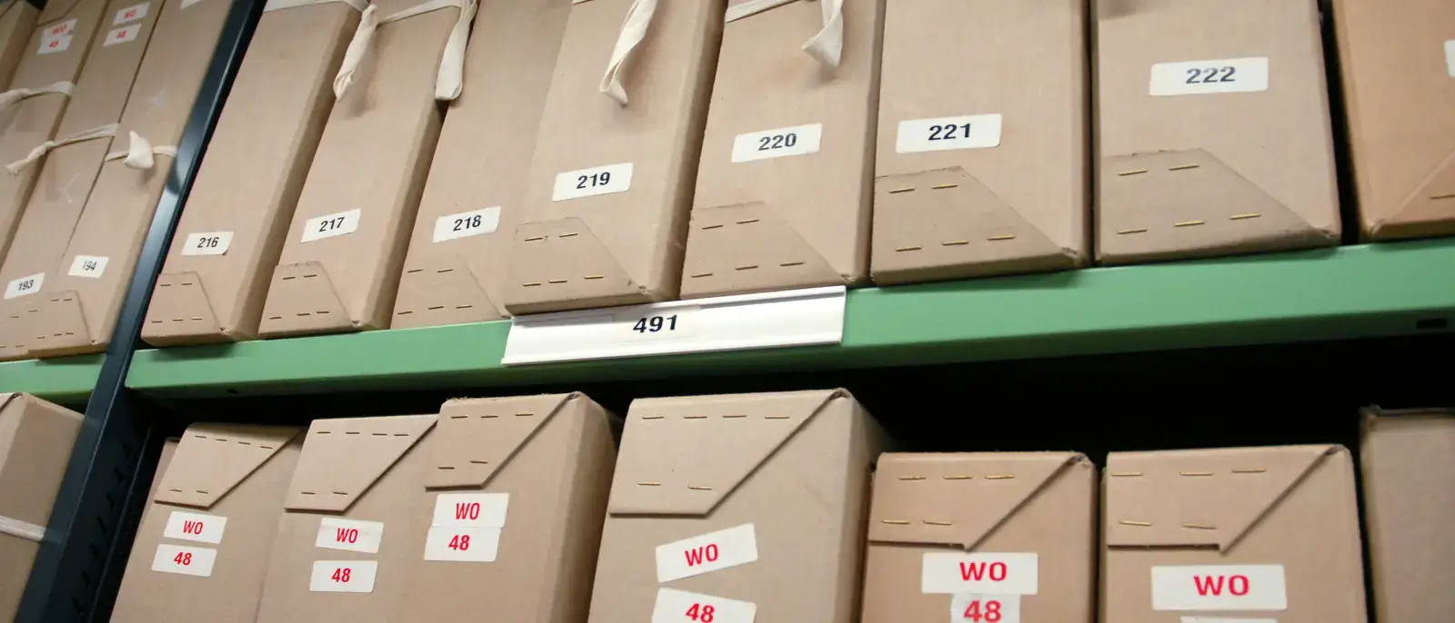 Faldoni numerati in fila su una scaffalatura d'archivio, con le etichette in vista.